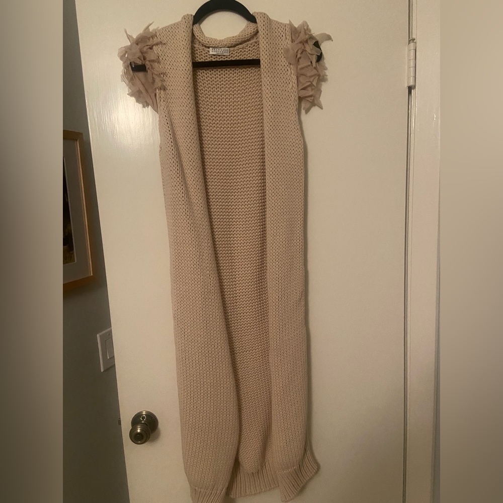 Blush pink Brunello Cucinelli sweater vest with ruffled sleeves. Worn once